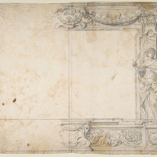 One Half of a Design for a Frame of a Stage Proscenium, with a Figure of Justice at the Right, and the Barberini Arms in a Cartouche at the Top