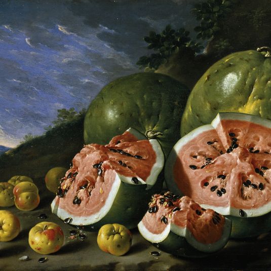 Still Life with Watermelons and Apples in a Landscape