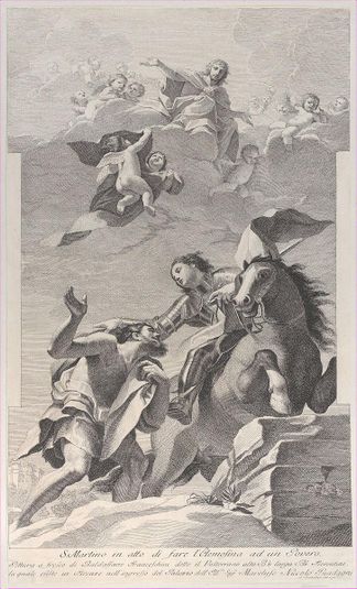 Saint Martin, on horseback, giving his cloak to a beggar, angels overhead