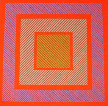 Geometric composition with diagonal lines (blue, green on red ground)