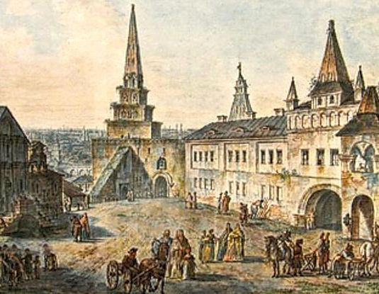 Church of St. John the Baptist, Borovitskaya tower and Stablings prikaz (department) in the Kremlin