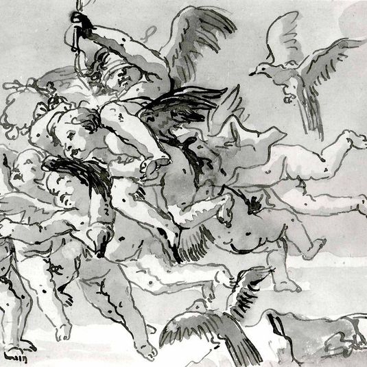 Cupid Blindfolded, Carried Through the Sky by Seven Winged Putti