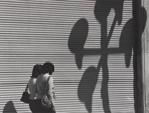 Dos Mujeres y la Gran Cortina con Sombras (Two Women, a Large Blind, and Shadows)