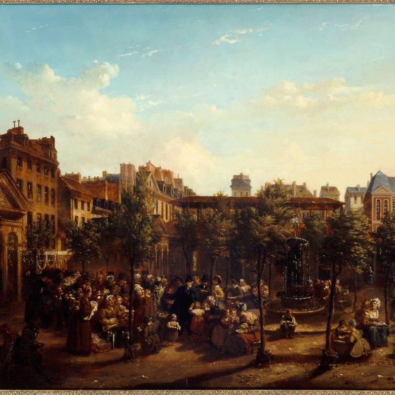 Edme Champion (1764-1852), dit "l'homme au petit manteau bleu", distribuant de la soupe et du pain sur la place du marché Saint-Martin