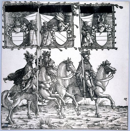 Le Cortège Triomphal de l'Empereur Maximilien Ier : Trois cavaliers avec étendards (Dornik-Eger 36, Bartsch 81)