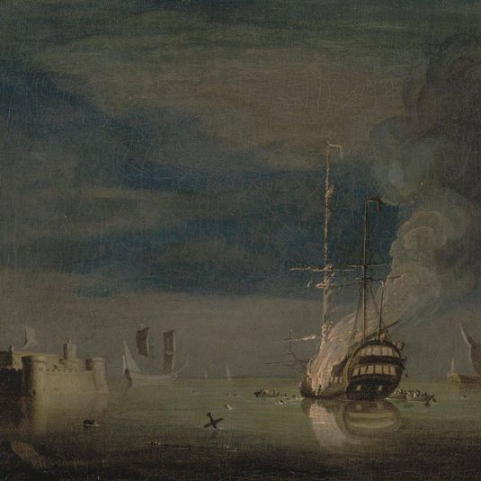A Two-Decker on Fire at Night off a Fort