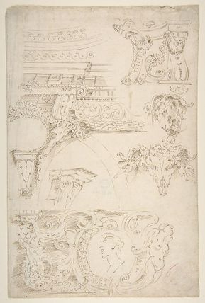 Sketches of Sculptured Decoration. Entablatures and a Frieze with Human, Animal and Floral Ornaments