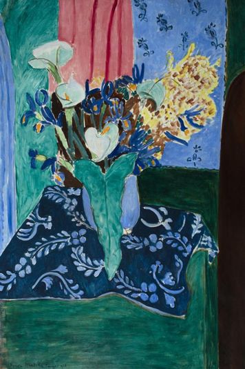 Arums, Irises and Mimosas (Flowers in a Blue Vase on a Blue Tablecloth)