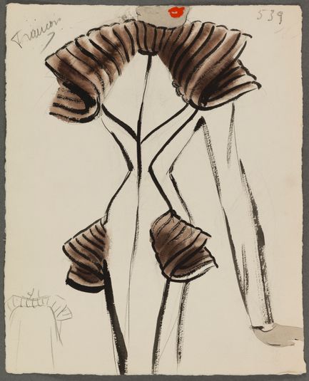 Manteau blanc à la ligne mince avec fourrure brune au col et aux poces, 1938, Fonds d'arts graphiques de la maison Max Fourrures