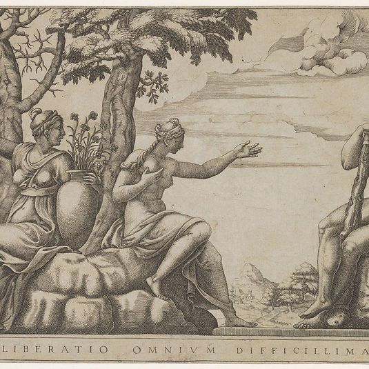 Hercules at the cross-roads, he is seated at the right, to the left are female personifications of Virtue and Vice