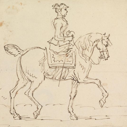Woman Wearing a Tricorne Hat, Riding to Right