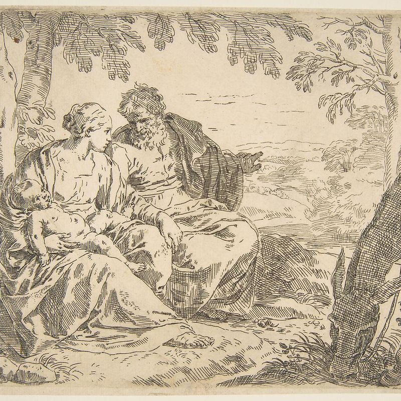 Rest on the flight into Egypt, Mary holding the infant Christ while St. Joseph points into the distance