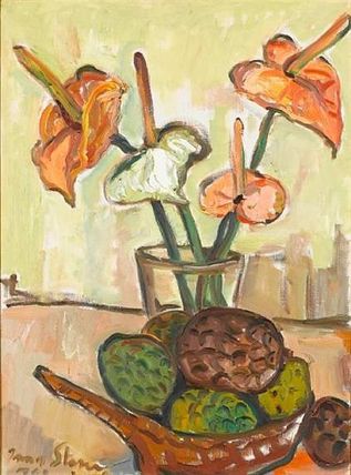 Still life with anthuriums and fruit