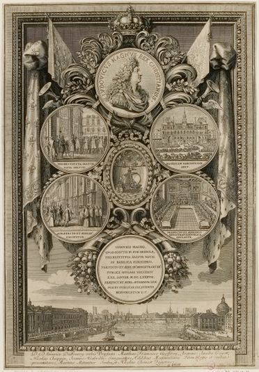 Frontispice : médaillons commémoratifs de la réception de Louis XIV à l' Hôtel de Ville le 30 janvier 1687 à l'occasion de sa guérison.
