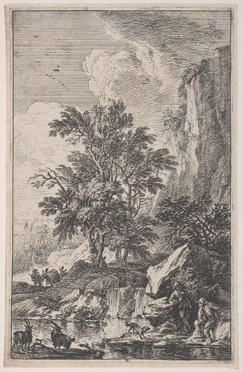 Plate 3: two goats on a lakeshore, two male figures and a dog at right, another peasant approaching with a mule at left in the background, from 'Landscapes in the manner of Salvator Rosa' (Die Landschaften in Sal. Rosa's)