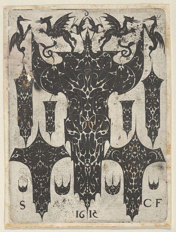 Blackwork Print with Grotesques Fighting on Top of a Large Motif Surrounded by Ten Smaller Motifs, from a Series of Blackwork Prints for Goldsmiths' Work