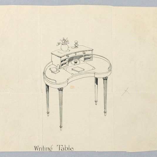 Design for Kidney-Shaped Writing Table with Vase of Flowers and Bust