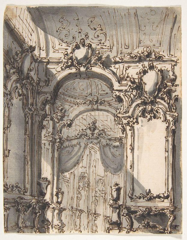 Design for a Stage Set: Interior of a Palazzo Decorated with Large Mirrors and Console Tables