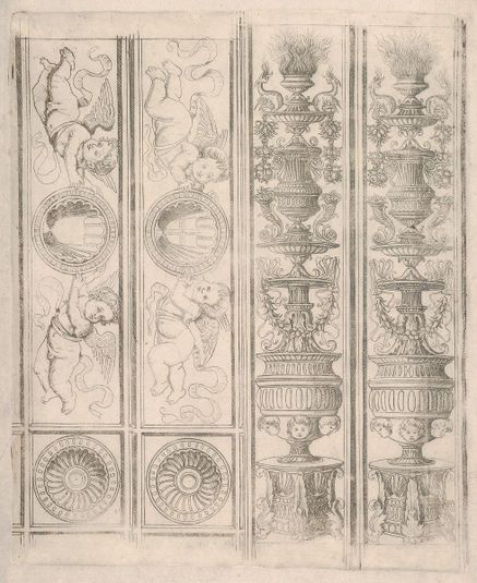 Sheet of border segments: two candelabra and two horizontal pieces with putti, two corners, from Life of the Virgin and Christ