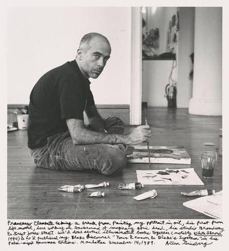 Francesco Clemente taking a break from painting my portrait in oil, his first from life model, here working on background of imaginary Afric head, his studio Broadway & Great Jones Street. We'd done several illuminated books together (notably White Shroud 1984) & he'd published my Blake discourse "Your Reason & Blake's System" in his Palm-sized Hanuman Editions. Manhattan December 14, 1989.