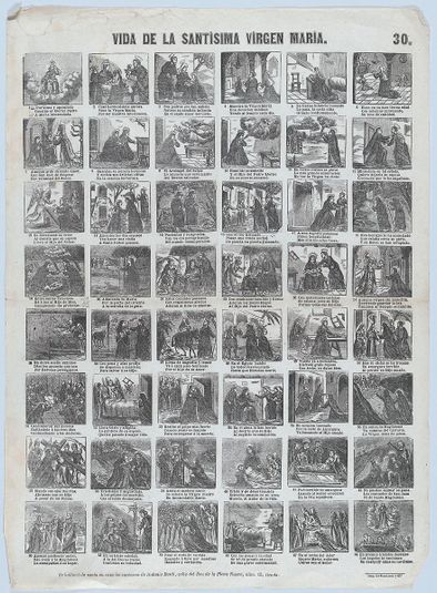 Broadside with 48 scenes of the life of the Virgin