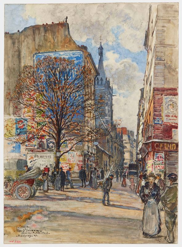 Rue Saint-Séverin, vue de la jonction de la rue Saint-Jacques et de la rue du Petit-Pont, en 1907