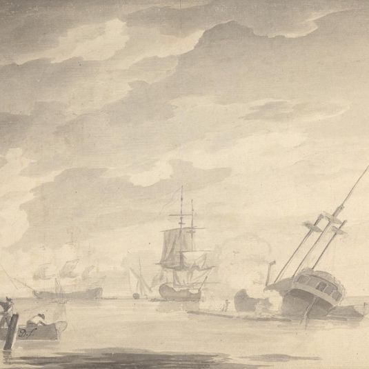 Battle Scene, Three Battleships, One Sinking; Figures on Left in Rowboat and Standing Pier