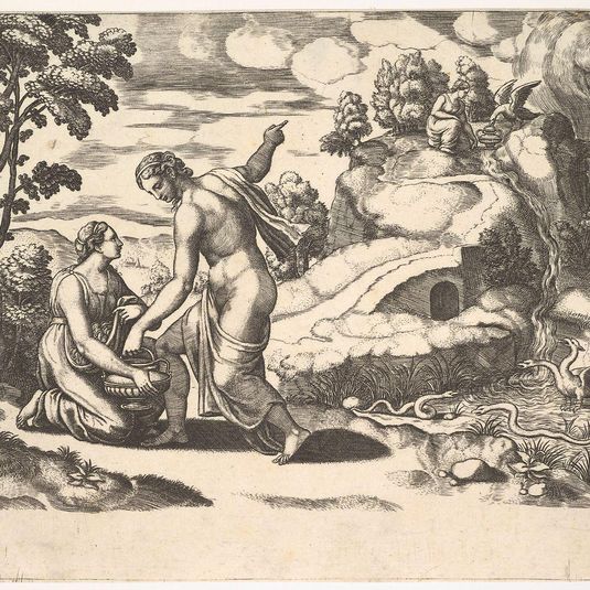 Venus ordering Psyche to take water from a fountain guarded by dragons, from 'Fable of Cupd and Psyche'