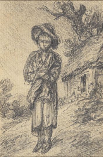Boy Standing by a Cottage