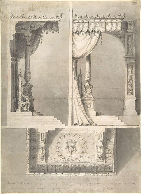 Design for a Papal Throne with Elevations and Sketch of Baldacchino Interior.