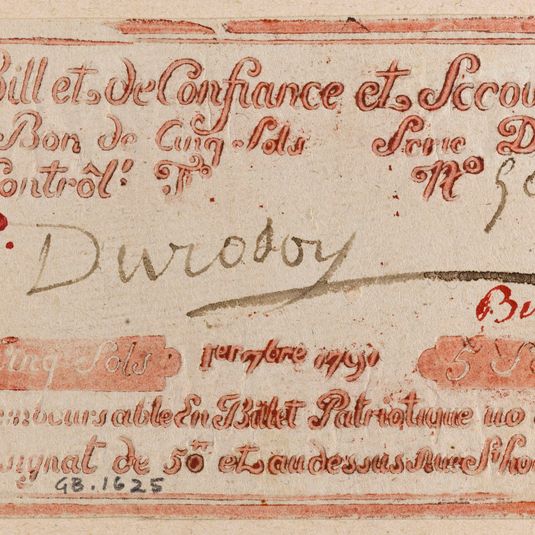 Billet de confiance et de secours de 5 sols, caisse de confiance du 695 rue Saint-Honoré, série D, n° 509-P, 1er 7bre 1791