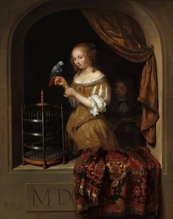 A Woman Feeding a Parrot, with a Page