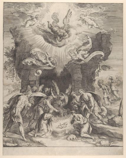 The Adoration of the Shepherds with the Christ Child at center and angels above