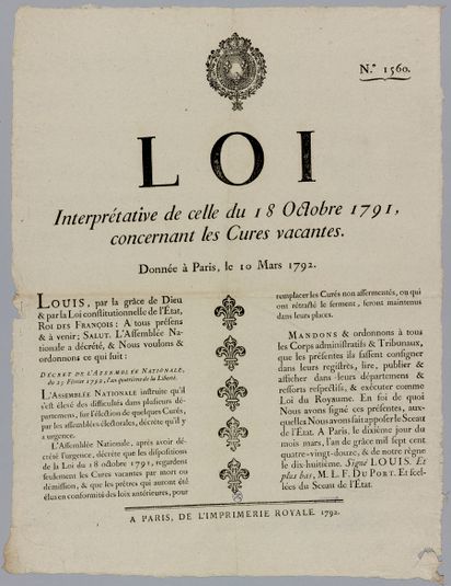 N°. 1560./ LOI/ Interprétative de celle du 18 Octobre 1791,/ concernant les Cures vacantes.