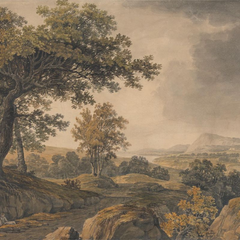 Extensive wooded landscape with figures in foreground left