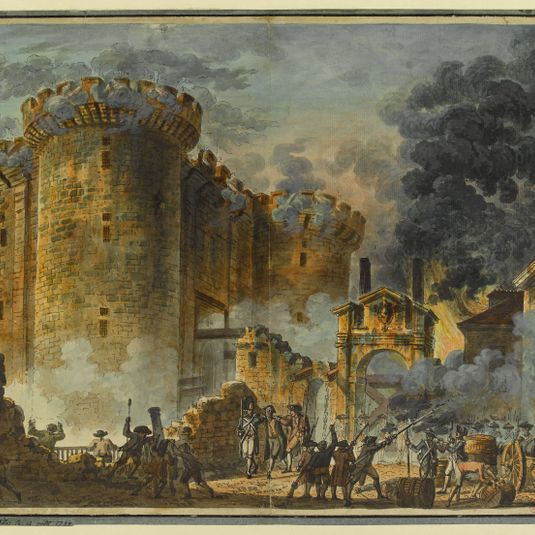 Prise de la Bastille le 14 juillet 1789. Vue du côté de la porte au double pont-levis, entre la tour de la Bazinières et de la Comté. Actuelle place de la bastille et boulevard Bourbon, 4 et 12 ème arrondissements.