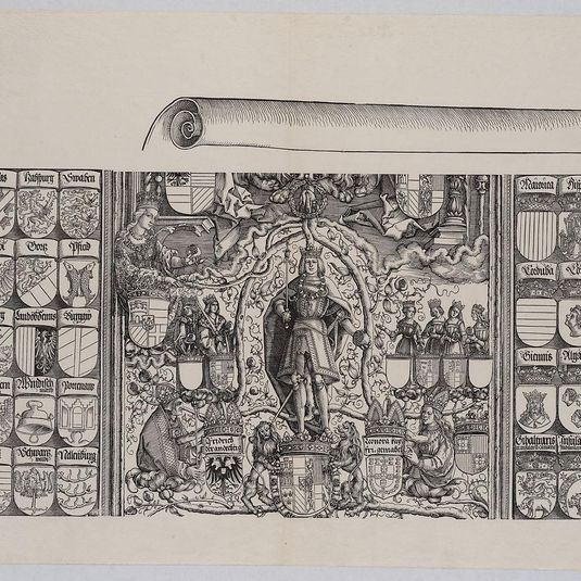 The Upper Portion of the Genealogy of Maximilian; with the Right Edge of the Scroll for the Explanatory Text, from the Arch of Honor, proof, dated 1515, printed 1517-18