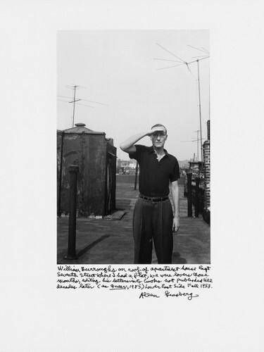 William Burroughs on roof of apartment house East Seventh Street where I had a flat, we were lovers those months, editing his letters into books not published till decades later (as Queer, 1985) Lower East Side Fall 1953.