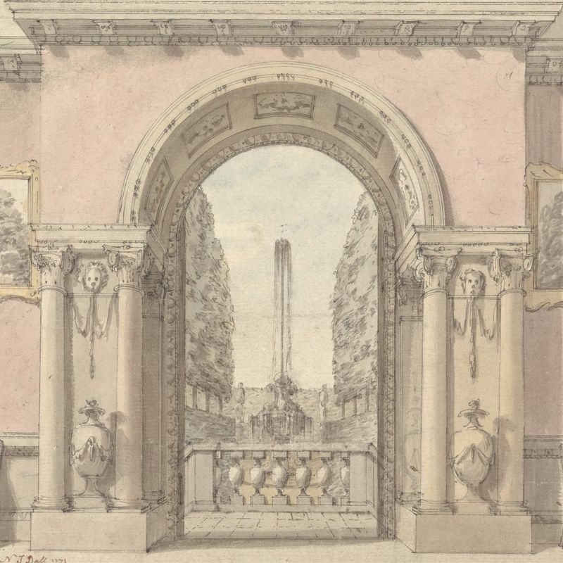Saloon with an Arch to a Garden and Fountain