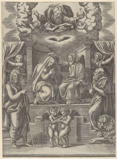 The coronation of the Virgin, God the Father above, St Jerome lower right and St John the Baptist lower left