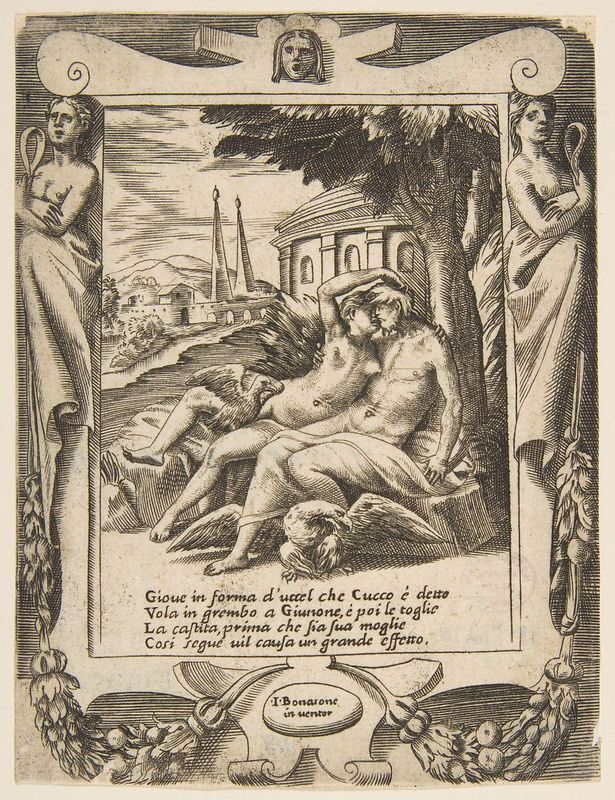 Jupiter tells Juno of his love, set within a frame, from the 'Loves, Rages and Jealousies of Juno'
