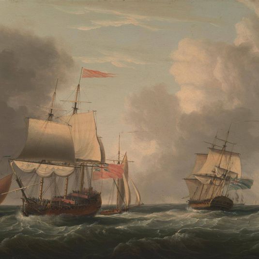 An English Two-Decker Lying Hove to, with Other Ships and Vessels in a Fresh Breeze