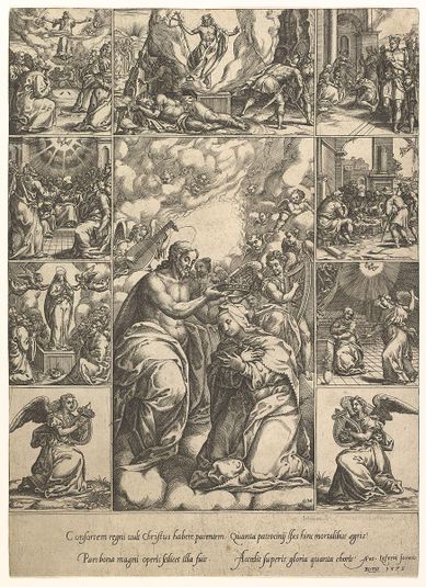 The Coronation of the Virgin; surrounded by nine vignettes with scenes from the life of Christ and the Virgin