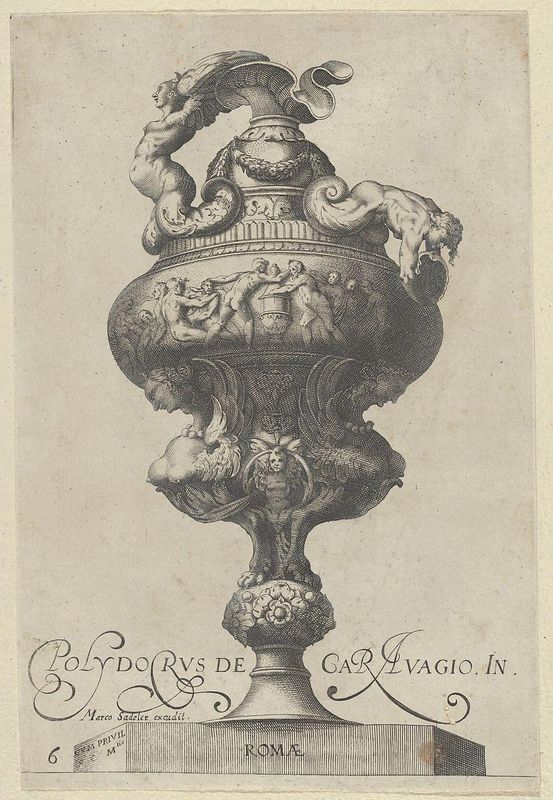 Plate 6: Vase or Ewer with a Frieze Containing Naked Figures, Supported Below by Two Female Sphinxes, from Antique Vases (Vasa a Polydoro Caravagino)
