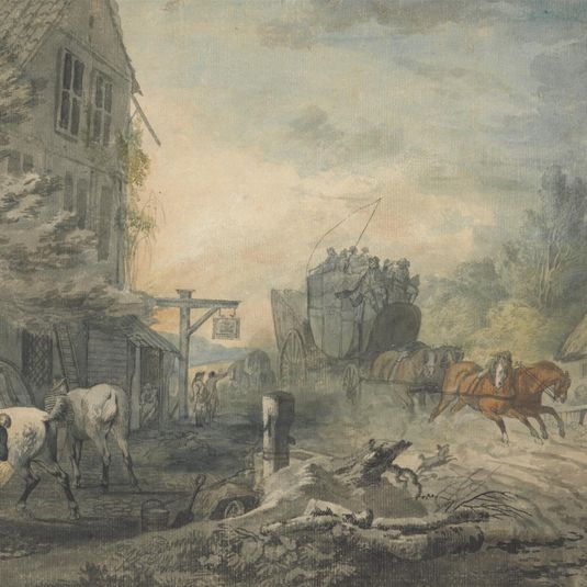 A Stagecoach and Four Dashing Through a Village on the Bath-London Road