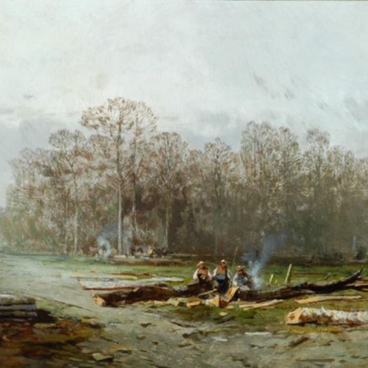 Misty Landscape with woodcutters around a fire