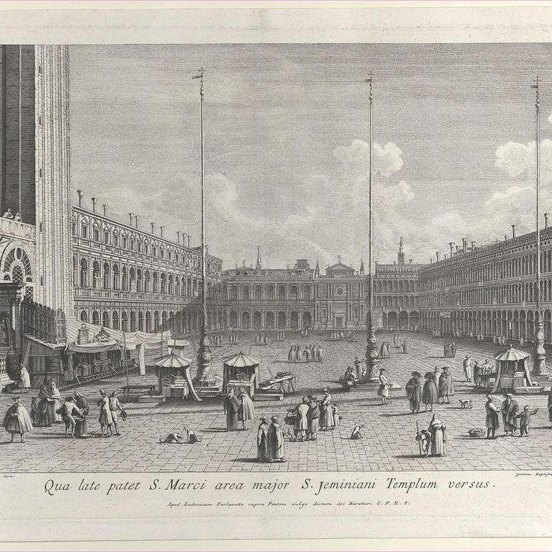 View of Piazza San Marco, with the church of San Geminiano at the far end, and figures and market stalls in the foreground