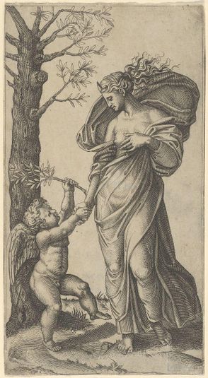 An allegory of Peace; Peace personified as a woman standing in a landscape holding the left hand of a winged genius, tree at left