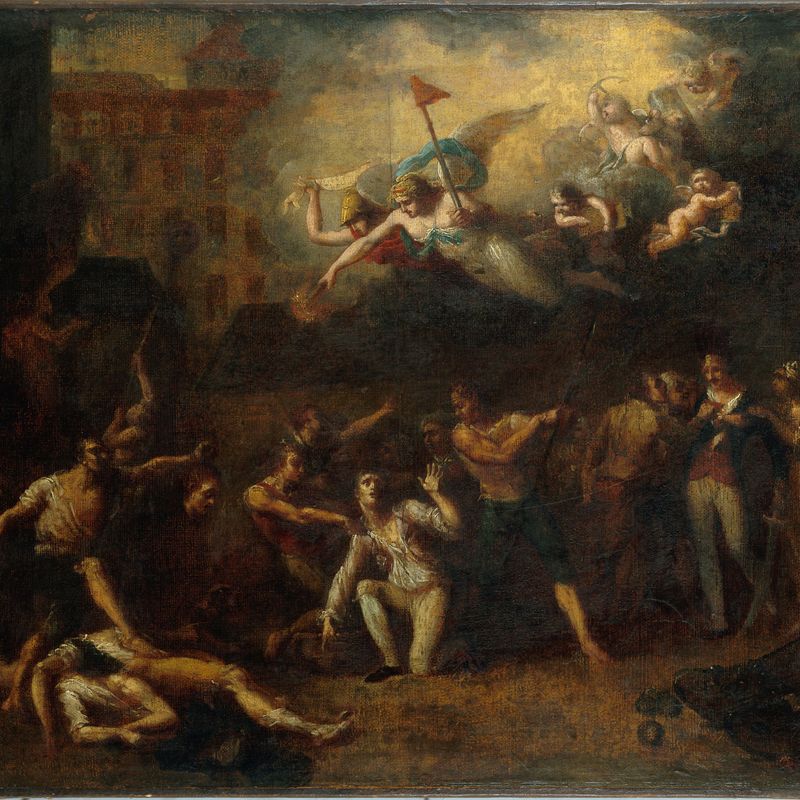 Mort de M. de Pelleport qui s'interposait pour sauver M. de Losme, officier de la Bastille, devant l'Hôtel de Ville, le 14 juillet 1789 (Révolution), actuel 4ème arrondissement.