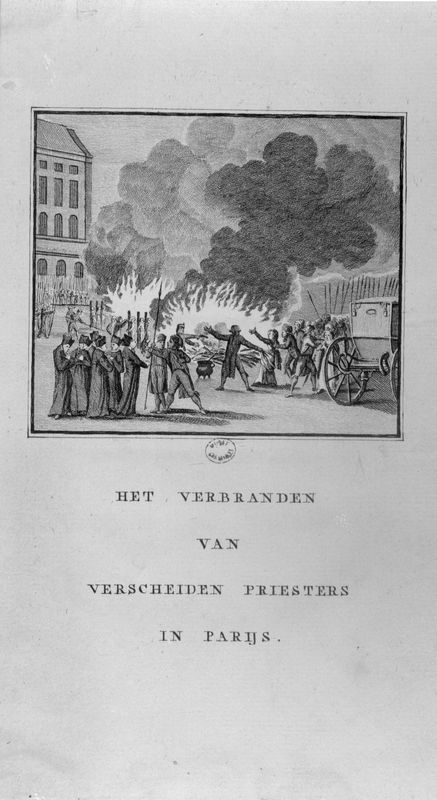 Représentation fantaisiste hollandaise des massacres des 2-6 septembre 1792. Bûcher préparé pour les prêtres assassinés. Révolution française.